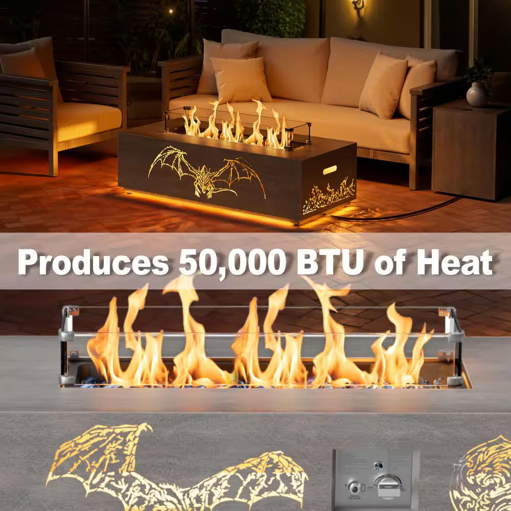 42 In. 50,000 BTU Rectangle Outdoor Propane Gas Fire Pit Table in Brown with Golden LED Light