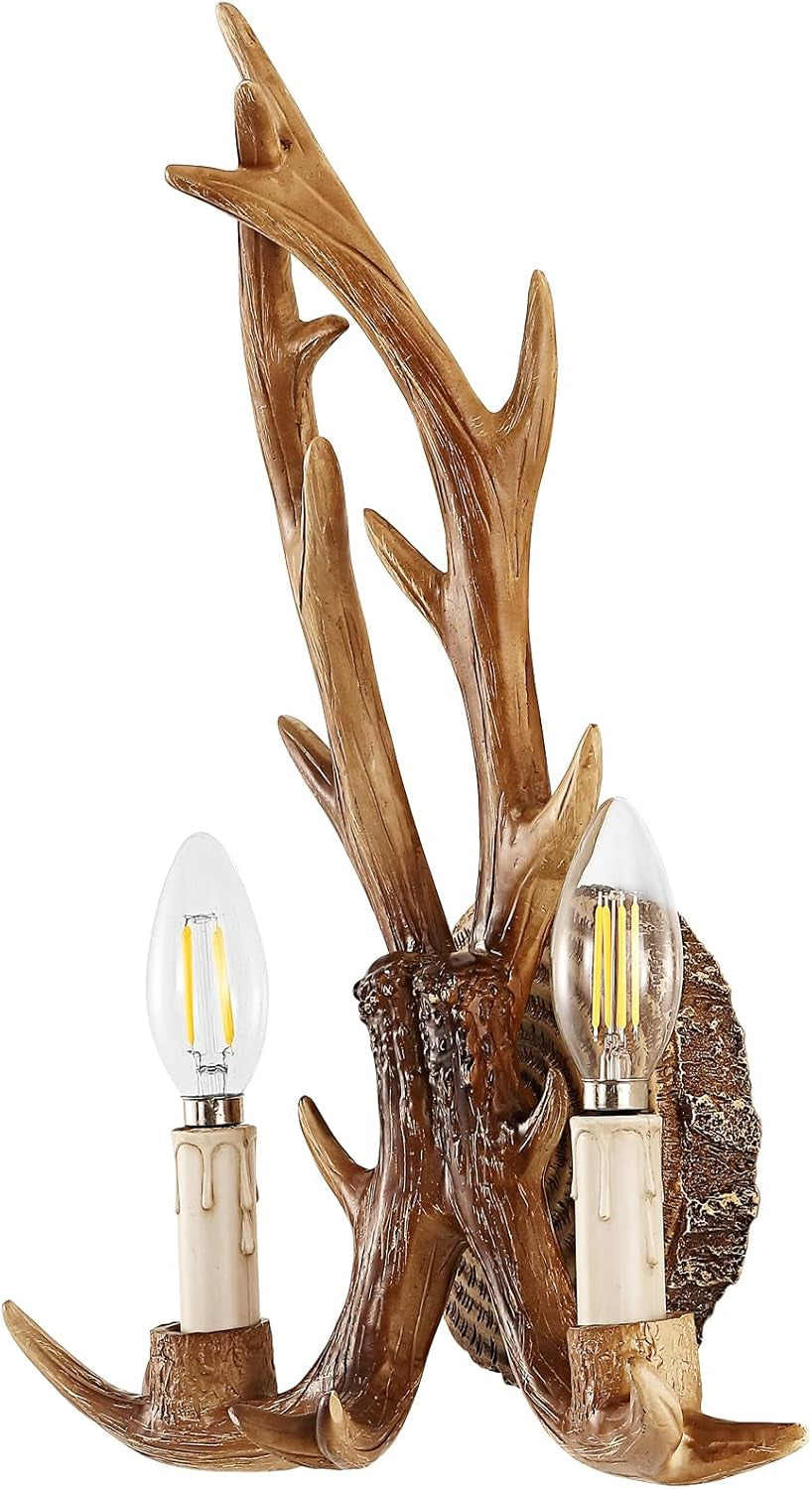 Antler Wall Sconce, 1-Light Vintage Faux Deer Horn Wall Lamp, Retro Brown Hardwired Flush Mount Indoor Light Fixture for Bedroom, Hallway, Living Room, and Fireplace (Bulb Not Included)