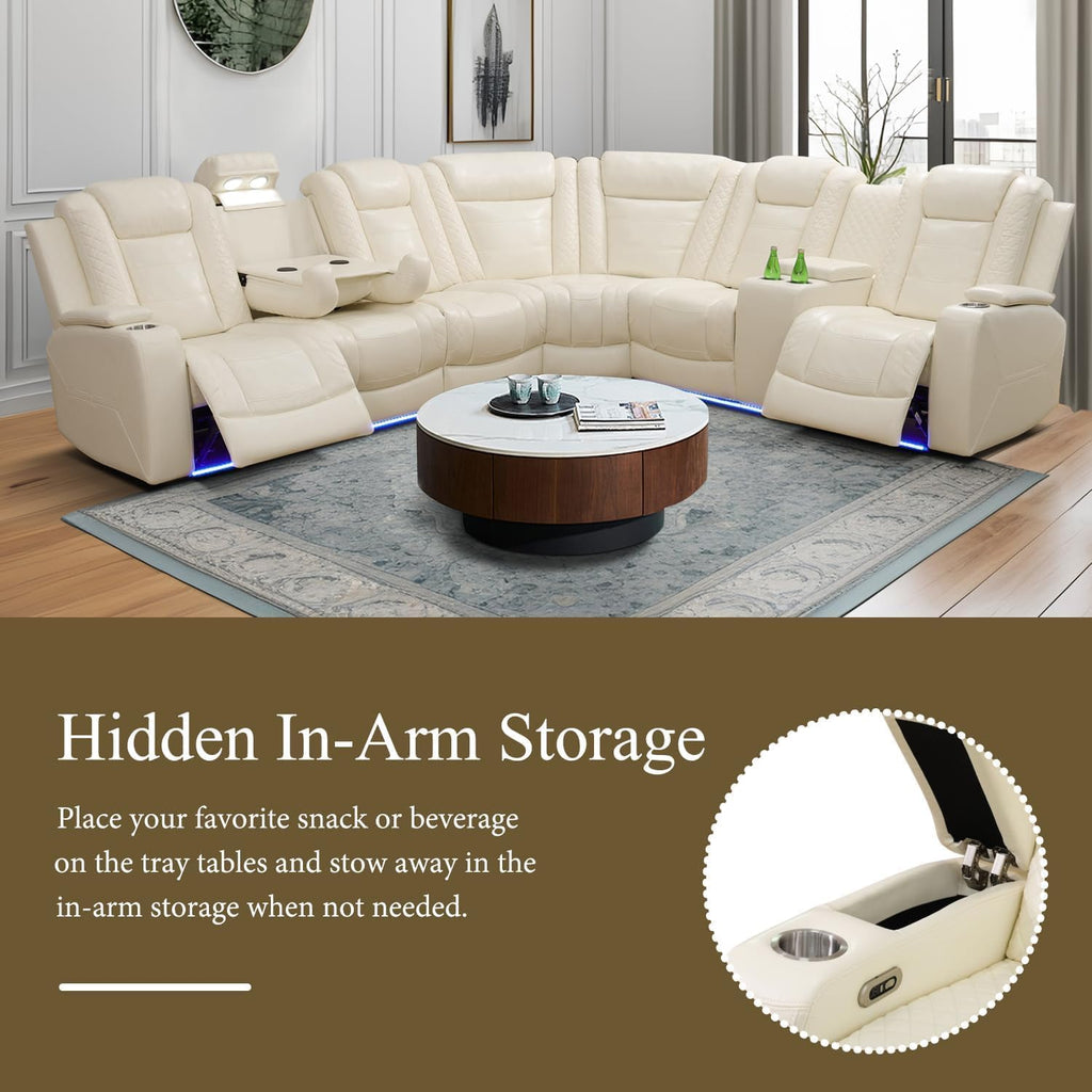Power Recliner Sectional Sofa,Breathing Leather Reclining Sectional Couches for Living Room, Living Room Furnitures Sets with Cup Holder/Usb Charge for Home Office Theater (Creamy White2)
