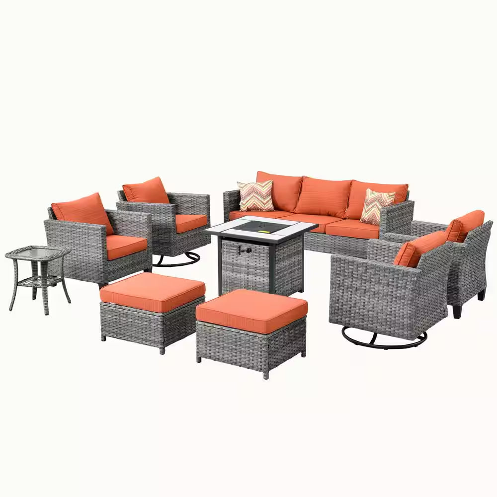 Mars Gray 9-Piece 7-People Wicker Patio Conversation Fire Pit Sofa Set with Red Orange Cushion and Swivel Rocking Chairs