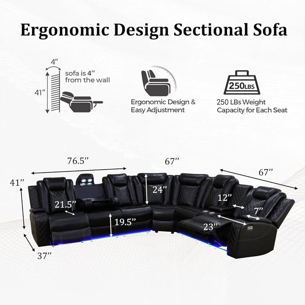 Power Recliner Sectional Sofa with LED Light, Breathing Leather Recliner Sofa Couch with Storage/Cup Holder for Living Room Home Office Theater (Black)