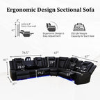 Power Recliner Sectional Sofa with LED Light, Breathing Leather Recliner Sofa Couch with Storage/Cup Holder for Living Room Home Office Theater (Black)