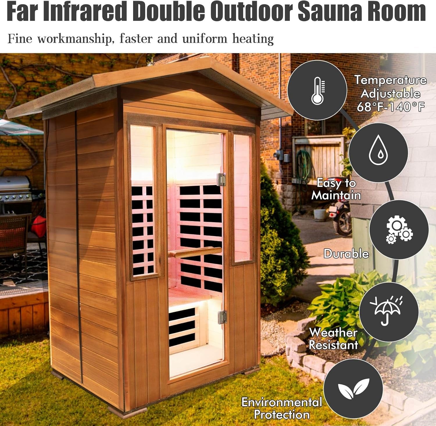 2 Person Outdoor Sauna Infrared Saunas Dry Sauna Room 120V Red Cedar and Canadian Hemlock Wood Wooden Sauna Spa 1800W APP Control 7 Color Light 48.8 * 37 * 87.4Inch