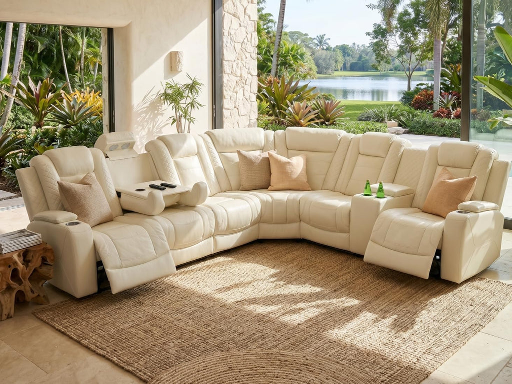 Power Recliner Sectional Sofa,Breathing Leather Reclining Sectional Couches for Living Room, Living Room Furnitures Sets with Cup Holder/Usb Charge for Home Office Theater (Creamy White2)