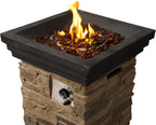 40,000 BTU Square Slate Rock Look Steel Outdoor Fire Pit Pillar outside Propane Gas Firepit with 6.6 Pounds Lava Rocks and PVC Cover for Patio Garden Backyard, 20 Inch, Brown