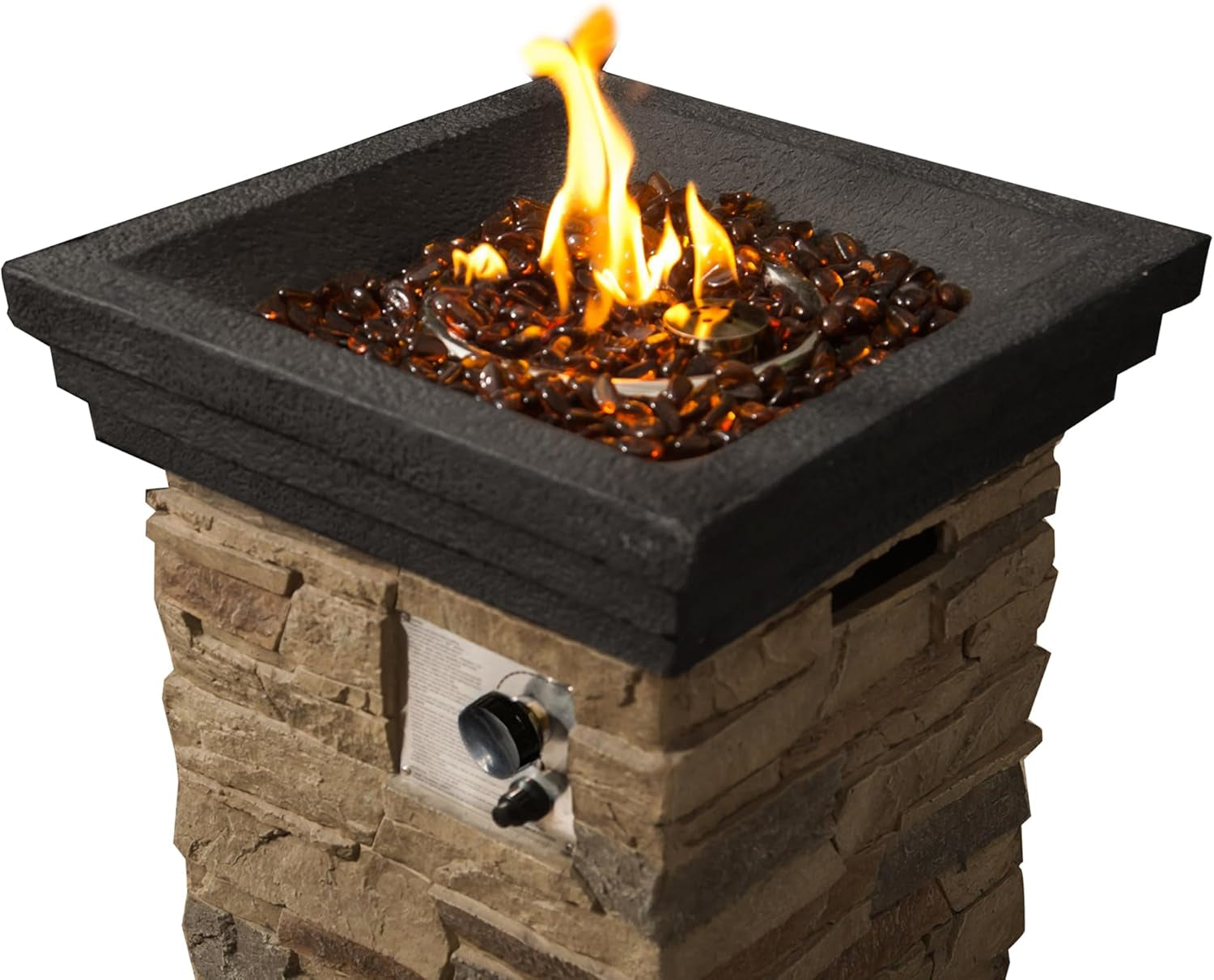 40,000 BTU Square Slate Rock Look Steel Outdoor Fire Pit Pillar outside Propane Gas Firepit with 6.6 Pounds Lava Rocks and PVC Cover for Patio Garden Backyard, 20 Inch, Brown