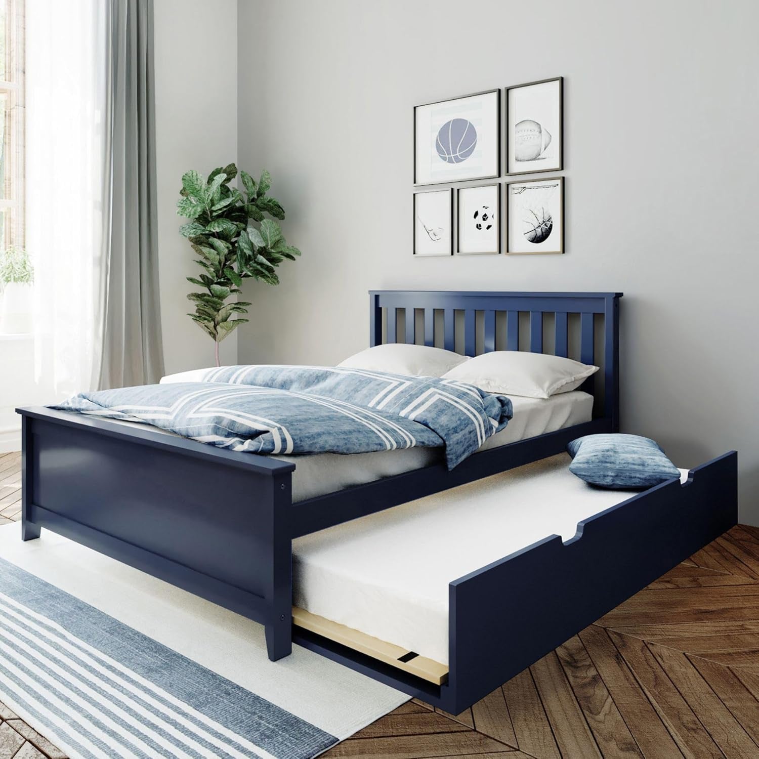 Max & Lily Full Bed, Wood Bed Frame with Headboard for Kids with Trundle, Slatted, Blue
