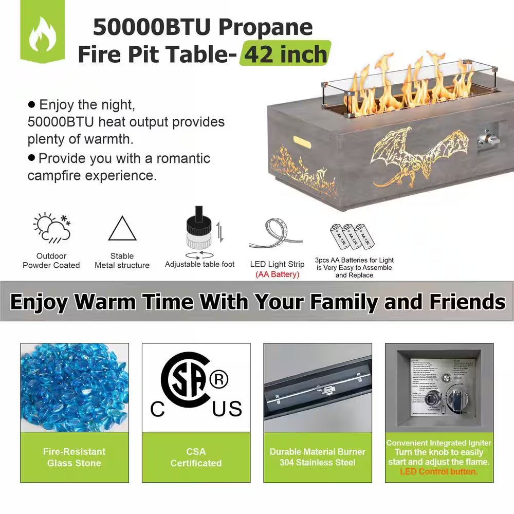 42 In. 50,000 BTU Rectangle Outdoor Propane Gas Fire Pit Table in Brown with Golden LED Light