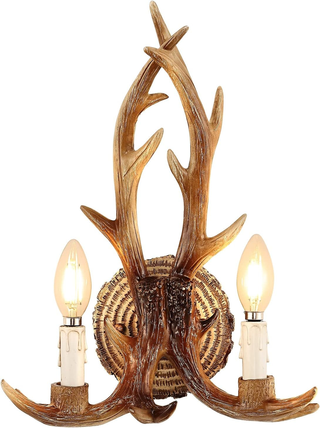 Antler Wall Sconce, 1-Light Vintage Faux Deer Horn Wall Lamp, Retro Brown Hardwired Flush Mount Indoor Light Fixture for Bedroom, Hallway, Living Room, and Fireplace (Bulb Not Included)