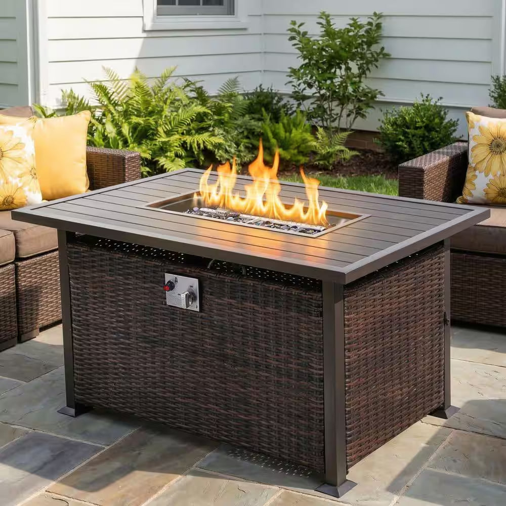 48 In. Propane Gas Fire Pit Table with Fabric Cover and Glass Beads, Brown
