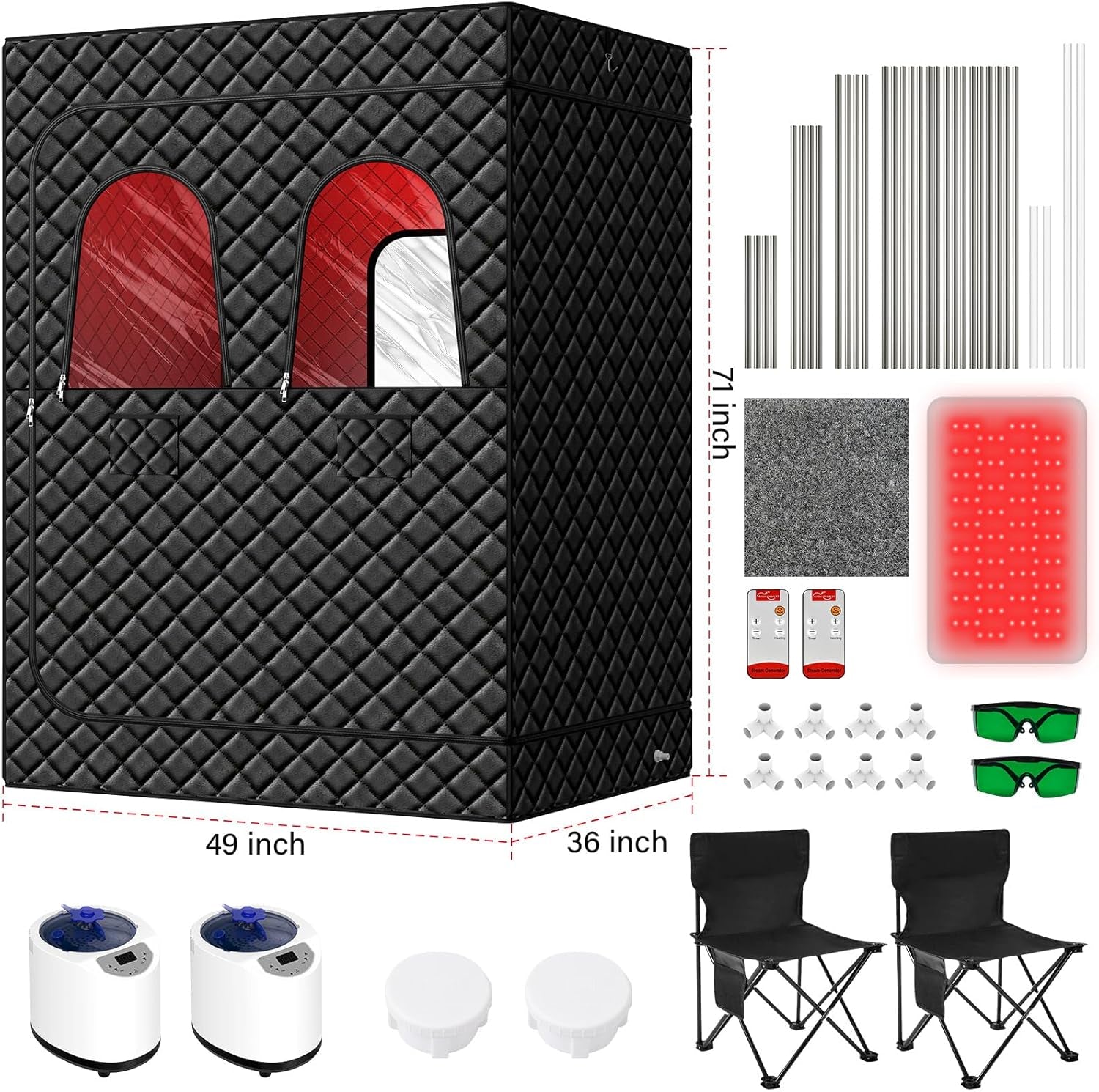 2 Person Infrared Sauna Box for Home, Portable Steam Sauna Room with 660Nm＆850Nm Red Light Therapy Lamp, 5-Layer Waterproof, 2 Steamers, 2 Folding Chair