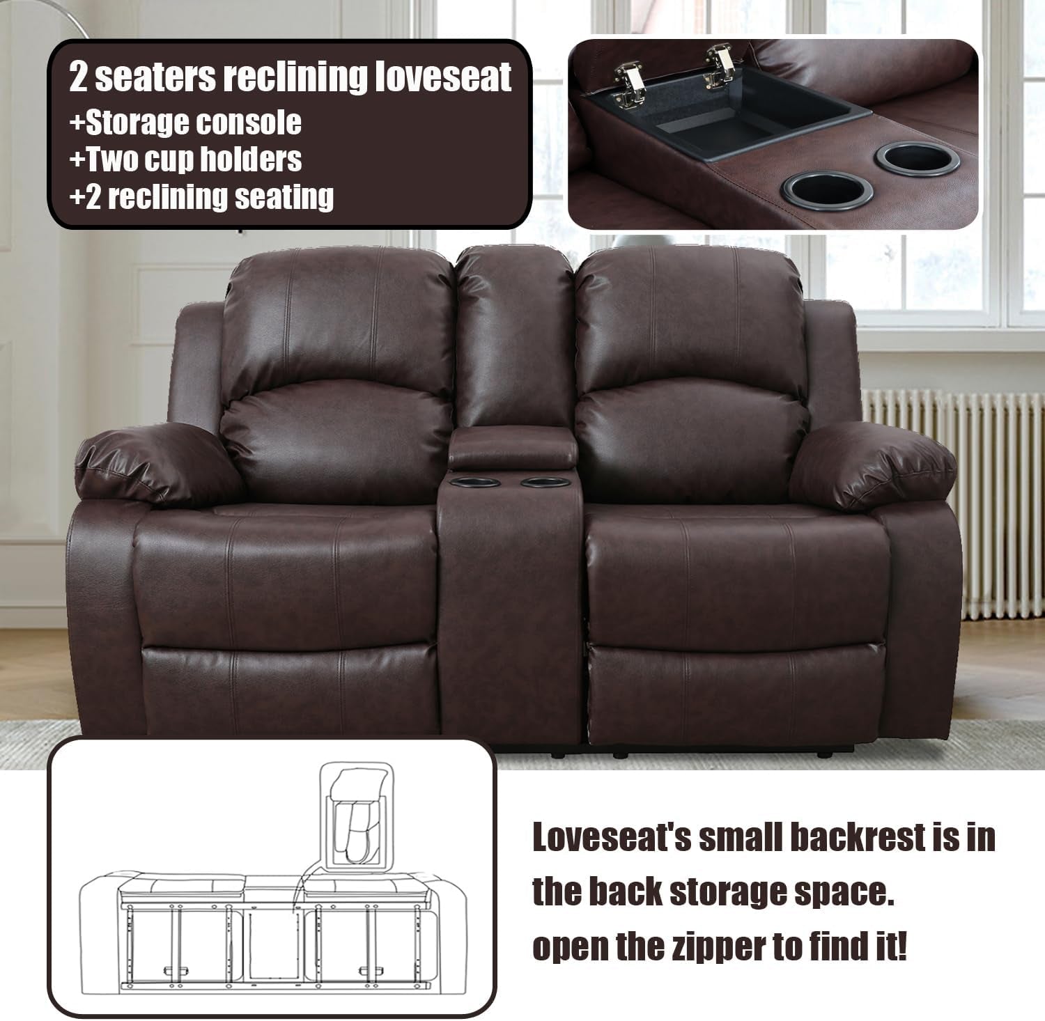 Manual Leather Recliner Sofa Set for Living Room Furniture Sets,Reclining Couch Set, Leather Couch Set for Living Room/Lounge/Club/Apartment(Brown,Sofa+Loveseat+Chair)